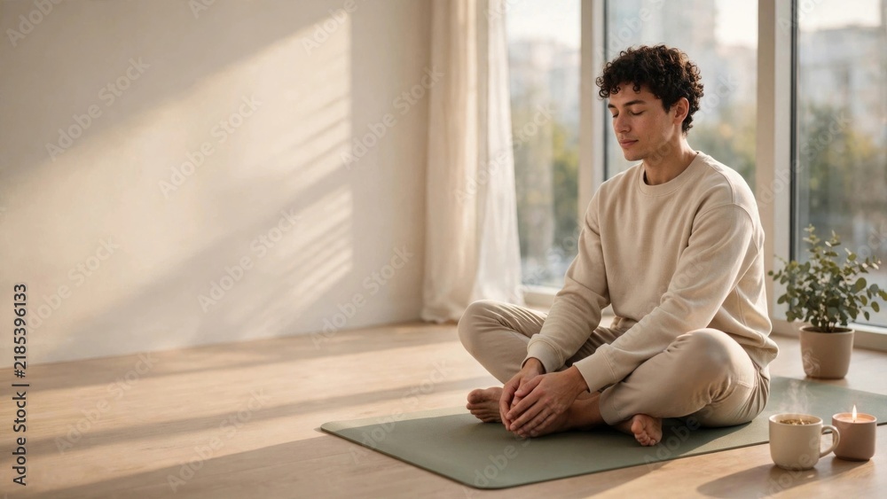 Fototapeta premium Peaceful Man Meditating and Practicing Yoga Indoors