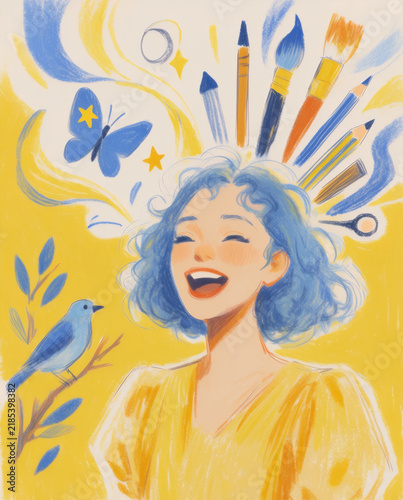 Cheerful Woman Smiling Among Butterflies and Sunlight
