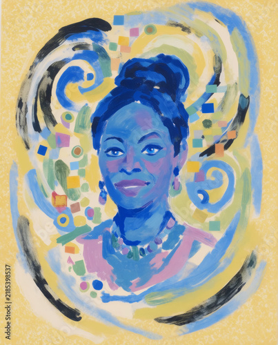 Expressive Female Portrait with Blue and Yellow Patterns