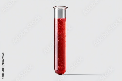 Glass test tube filled with bubbling red liquid standing on white surface for medical research and laboratory experiments.