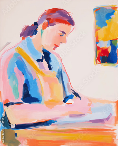 Colorful Watercolor Illustration of Young Woman Painting