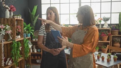 Woman florist points to tablet while holding it, standing with partner in apron beside table of succulents in studio; mentoring teamwork calm.