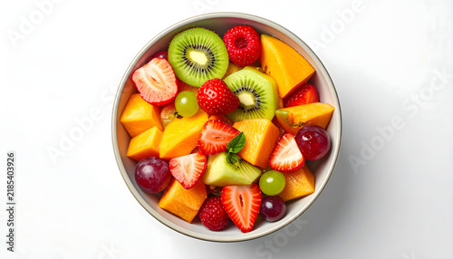 Fresh Fruit Salad in a Bowl with Strawberry, Kiwi and Orange for a Healthy Vegetarian Breakfast or Dessert