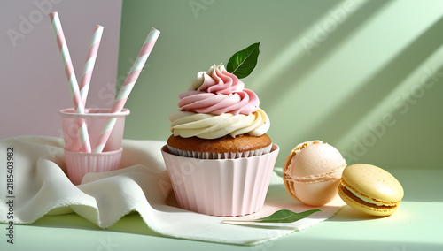 Delicate Pink Cupcake with Macaroon – Pastel Aesthetic Dessert Inspiration