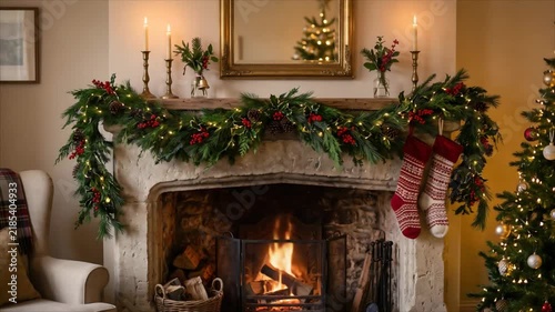 Cozy fireplace decorated for Christmas with garland, stockings, candles and burning fire. Christmas tree with ornaments in warm living room.