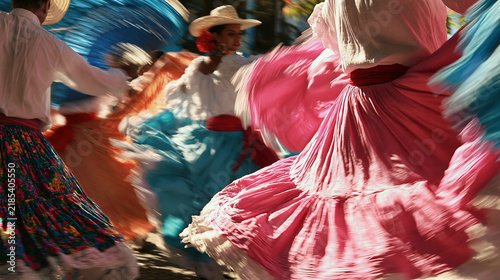 Vibrant Fiesta Dance: A group of dancers in colorful, flowing dresses twirl in a lively celebration, their skirts creating a vibrant blur of motion.
