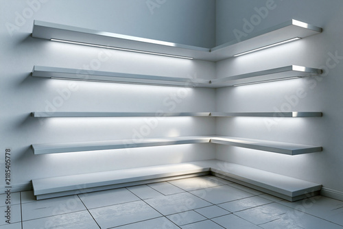 Empty shelves in a corner with LED lights for display in a modern room