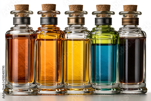 Bottles filled with colored liquids arranged on a white surface