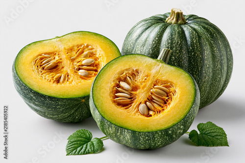 Fresh green and yellow melons cut open on a plain background