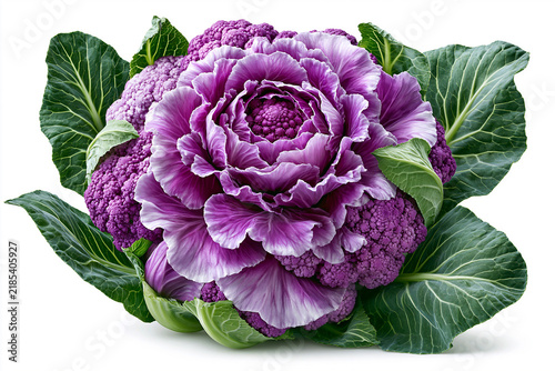 Colorful purple vegetable with green leaves on a white background