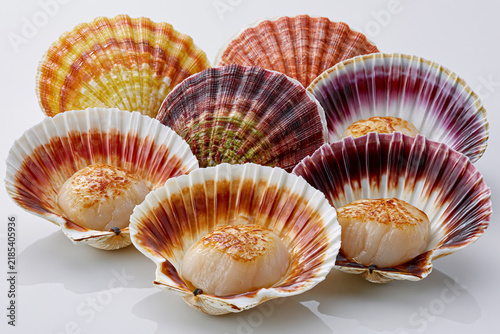 Colorful scallop shells on display with fresh scallops in the center