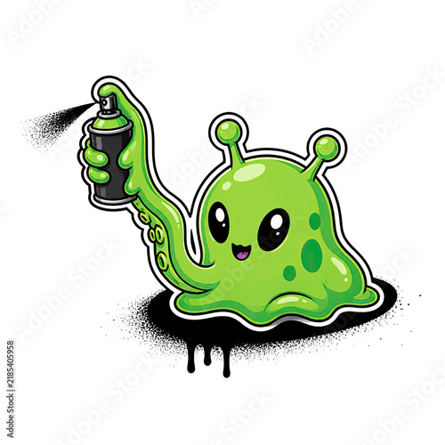Cute Green Slime Alien Cartoon Holding a Futuristic Ray Gun Isolated on Transparent Background