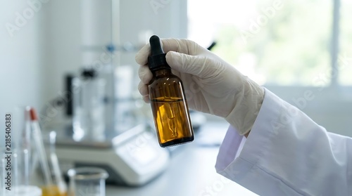 Doctor hand holding amber glass dropper serum bottle in medical laboratory