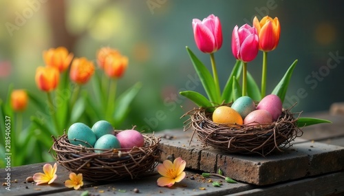 Vibrant tulips, painted eggs nestled in bird nests atop weathered planks , nest, stock photo