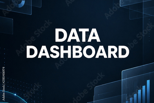 Dark blue technology background with bold data dashboard text, glowing interface panels, charts, and abstract digital analytics elements.