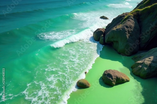 Vibrant green sand, volcanic rocks, ocean waves, USA, unique, minerals