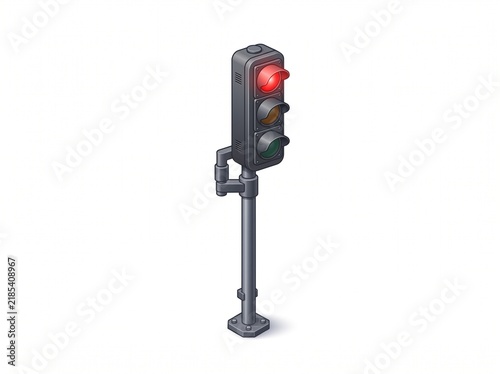 Isometric traffic light pole graphic with glowing red stop signal light isolated on white background