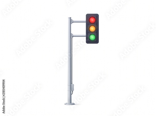 Traffic Light Pole with Red, Yellow, and Green Signals Against a White Background