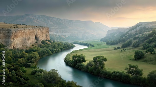 Serene River Winding Through Lush Green Valley Surrounded by Majestic Hills Under a Dramatic Sky at Dusk