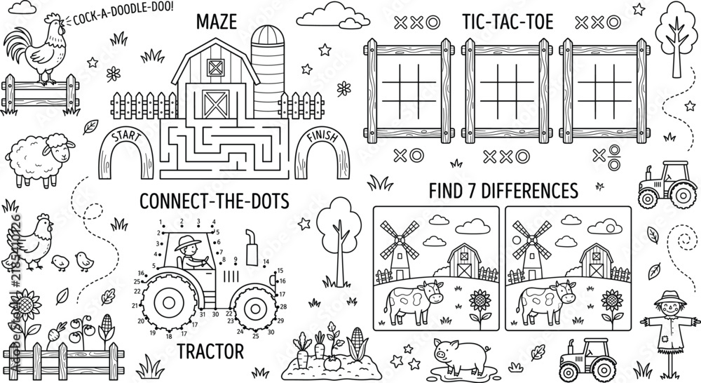 Fototapeta premium Educational farm activity worksheet for kids with maze puzzle tic-tac-toe connect dots and find differences line art coloring