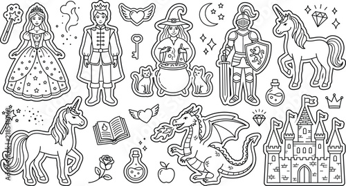 Fairytale fantasy sticker line art icon set with princess prince witch knight dragon unicorn castle and magic elements