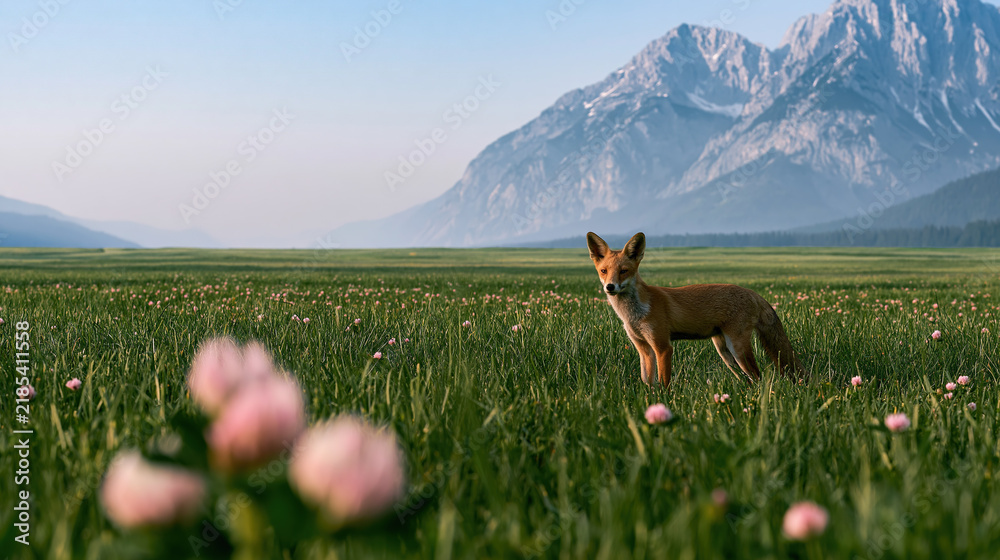 Fototapeta premium Fox walking through wildflowers in mountain meadow