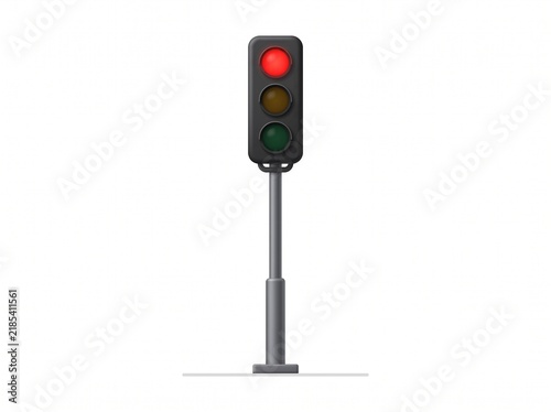 3D graphic illustration of a traffic light with a glowing red signal, symbolizing stop or caution. Isolated on white, perfect for urban safety and design projects