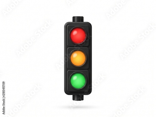 3D traffic light vector illustration with red yellow and green signal lights isolated on white background