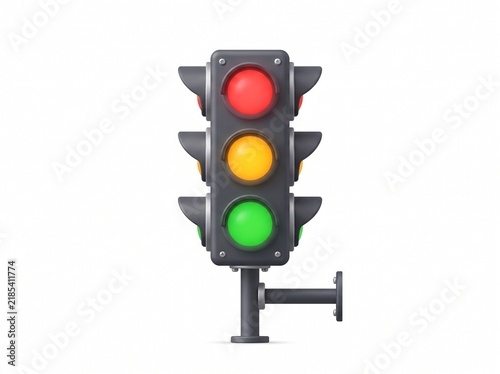 Brightly lit 3D render of a classic traffic signal showing red, yellow, and green lights, an essential symbol for road safety, urban control, and navigational directions