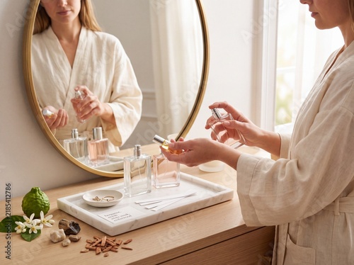 Morning fragrance wardrobe ritual with perfume bottles and clothing