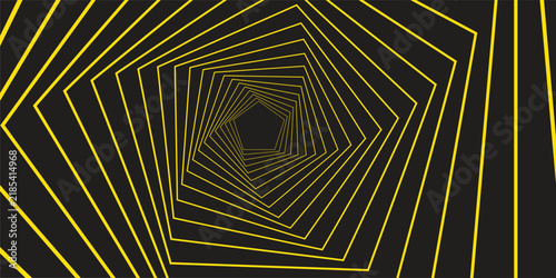 abstract geometric background with yellow pentagon spiral tunnel creating 3d optical illusion on dark black background