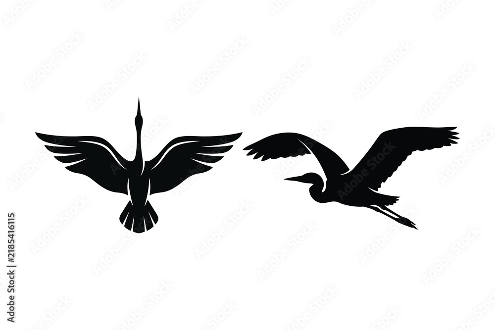 Obraz premium Flying heron and crane bird silhouettes with spread wings for wildlife conservation and nature art
