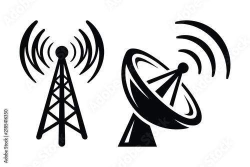 Radio transmission tower and satellite dish antenna icons for telecommunication network services