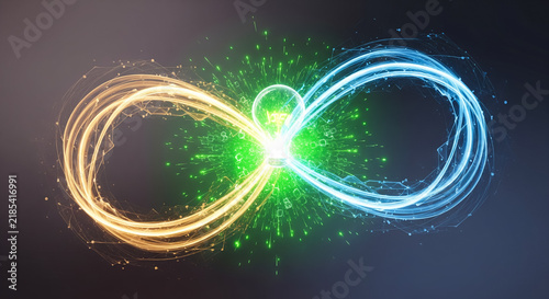 Glowing infinity symbol with vibrant green sparks and dual-toned light