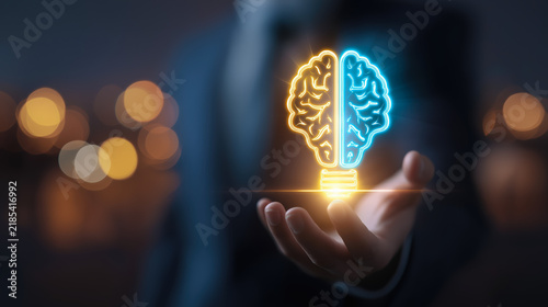 Businessman holding glowing brain shaped light bulb, symbolizing innovation, creativity, and futuristic thinking in technology and business with blurred city background