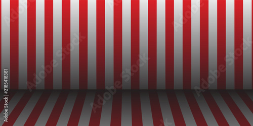abstract 3d empty room stage background with red and white striped pattern resembling circus tent or carnival booth with dark shadow