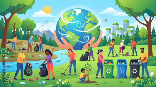 World Cleanup Day — Hands holding the planet earth with volunteers cleaning up nature