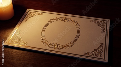 Blank white invitation card with gold foil stamped ornamental borders on a dark wooden table, luxury event celebration, classic stationery mockup with warm candlelight