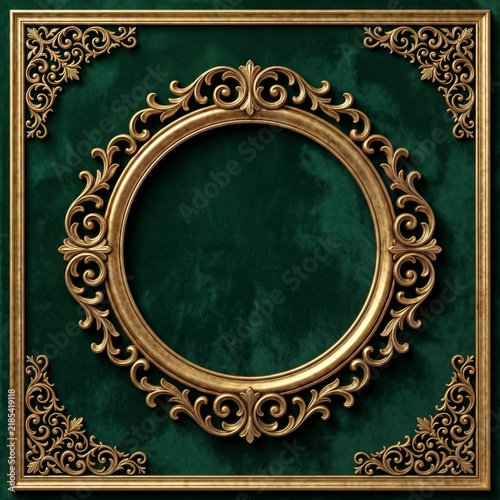 Golden circular picture frame with intricate corner ornaments over textured dark green velvet, classic antique aesthetic and decorative border