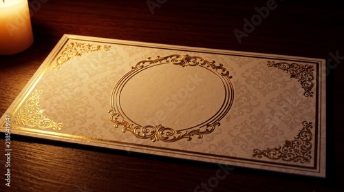 Blank invitation card with subtle damask pattern and gold foil ornate borders resting on a dark wooden table, luxury event celebration, stationery mockup illuminated by candlelight