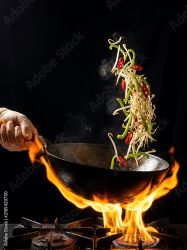 Chef tossing fresh vegetables in a flaming wok for stir fry cooking on black background