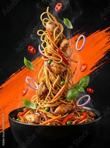Stir fry noodles with chicken and vegetables in a black bowl on dark background