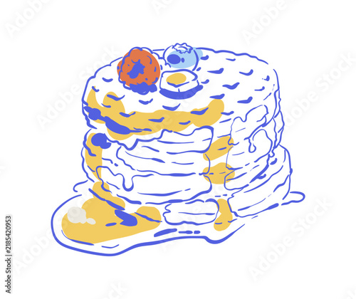 Vintage blue and yellow pancakes sketch. Whimsical french breakfast pancake stack as cute brunch dessert in cafe scene. Doodle food icon on white background with hand drawn retro color style for menu