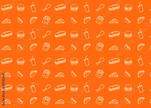 Seamless fast food. Burger, pizza, hotdog, fried chicken. Food illustration. Pattern with orange background. Food packaging, menu illustration. Hand drawn print ads, food business, restaurant