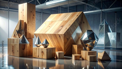 Wooden and Metallic Geometric Shapes and Pedestals