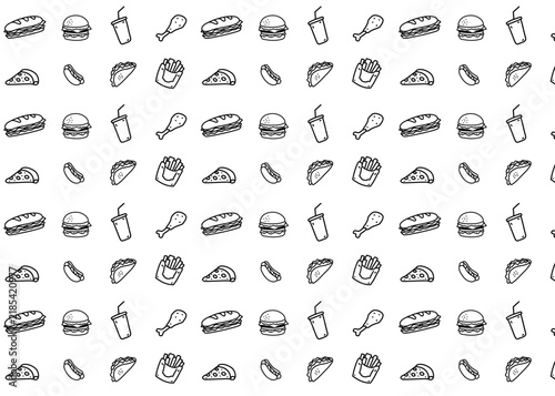 Seamless fast food. Burger, pizza, hotdog, fried chicken. Food illustration with white background. Food packaging, menu illustration. Hand drawn print ads, food business, restaurant