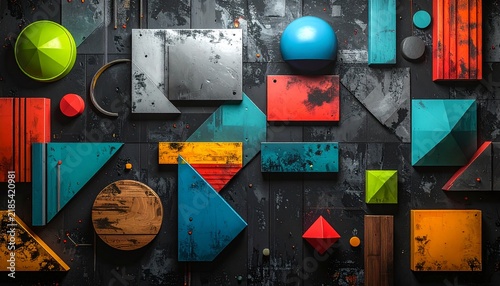 Abstract Geometric Wall Art Composition with Colorful Wooden Shapes