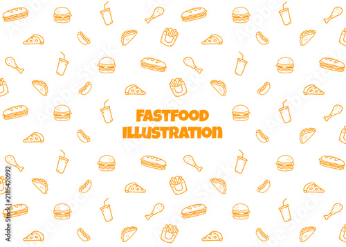 Seamless fast food. Burger, pizza, hotdog, fried chicken. Food illustration. Pattern with orange outline and white background. Food packaging, menu illustration., Restaurant