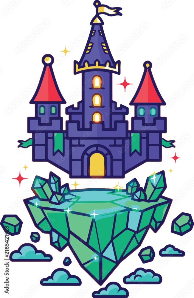 Naklejka premium Magic Fairytale Castle on Floating Emerald Island Vector Illustration