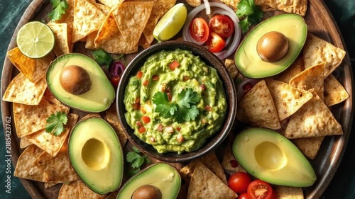 Guacamole avocado tortilla chip with lime tomato cilantro salsa food spread overhead view